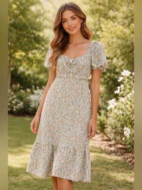 By the River Floral Puff-Sleeve Midi Dress Women’s Size Medium Multicolored